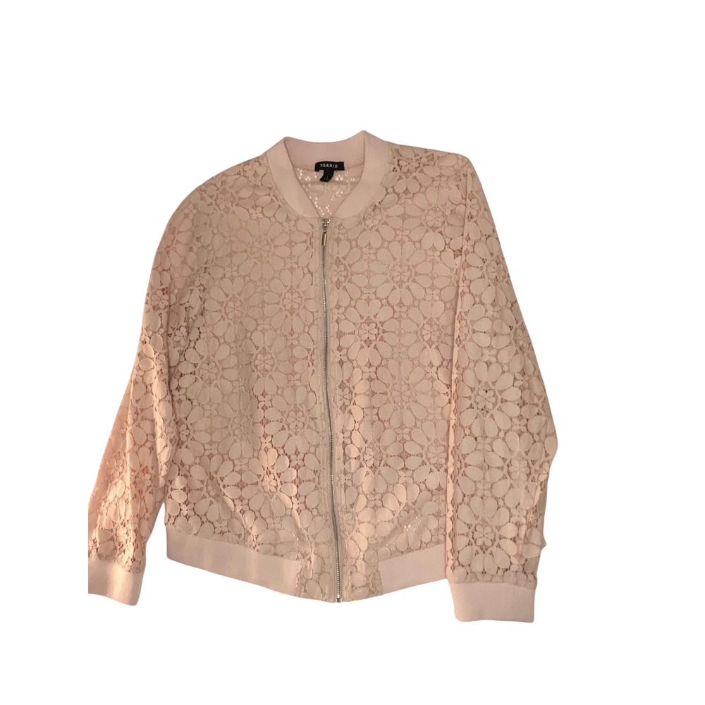Torrid Womens Pink Floral Lace Bomber Jacket Full Zip Ribbed Trim Size 1 Plus